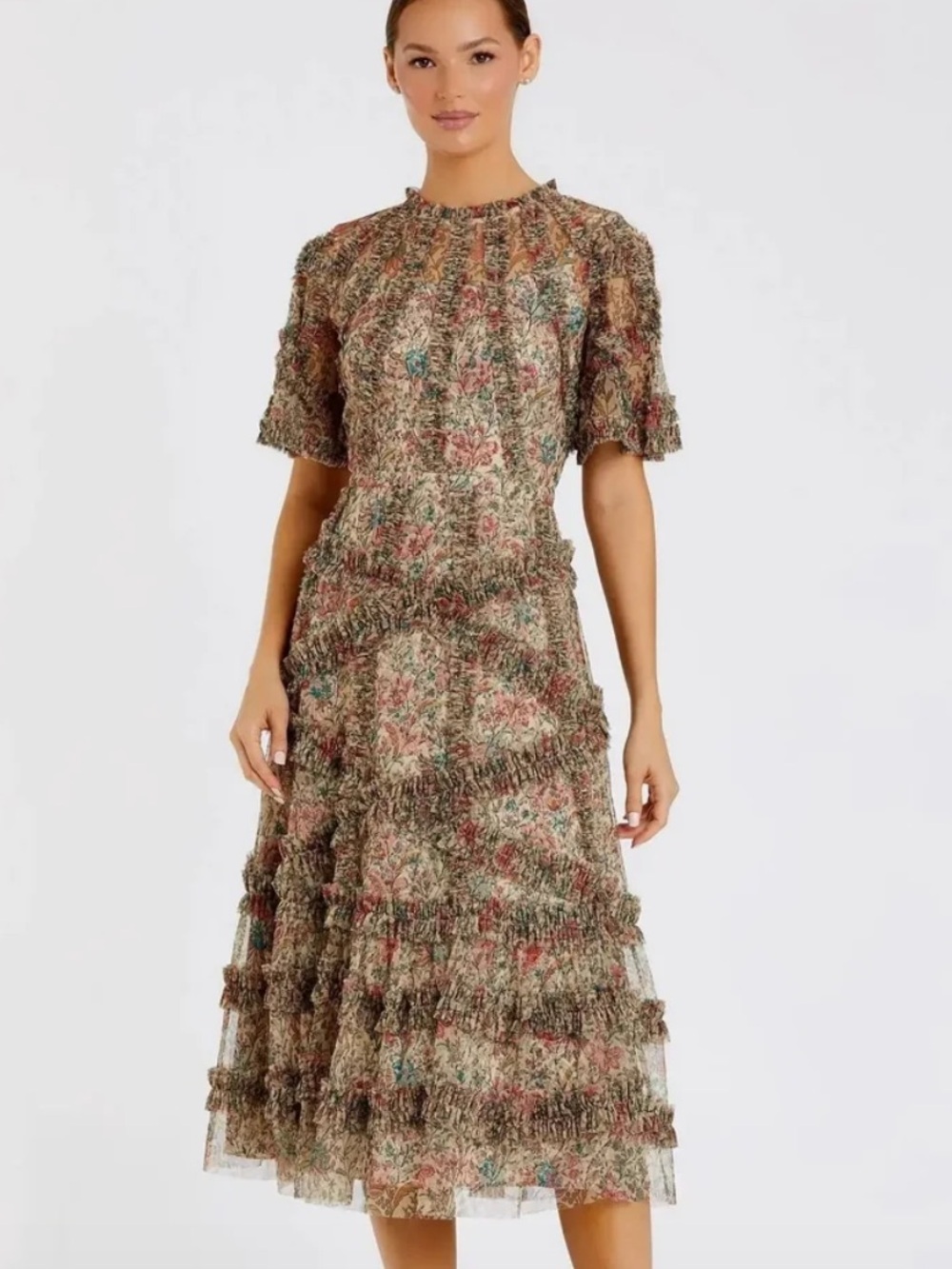 NWT Mac Duggal Floral Ruffle Illusion Midi Whimsical Dress